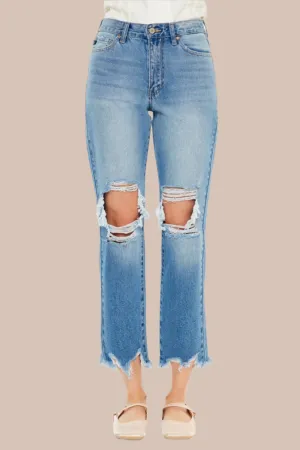 Kancan Distressed Frayed Hem Cropped Jeans