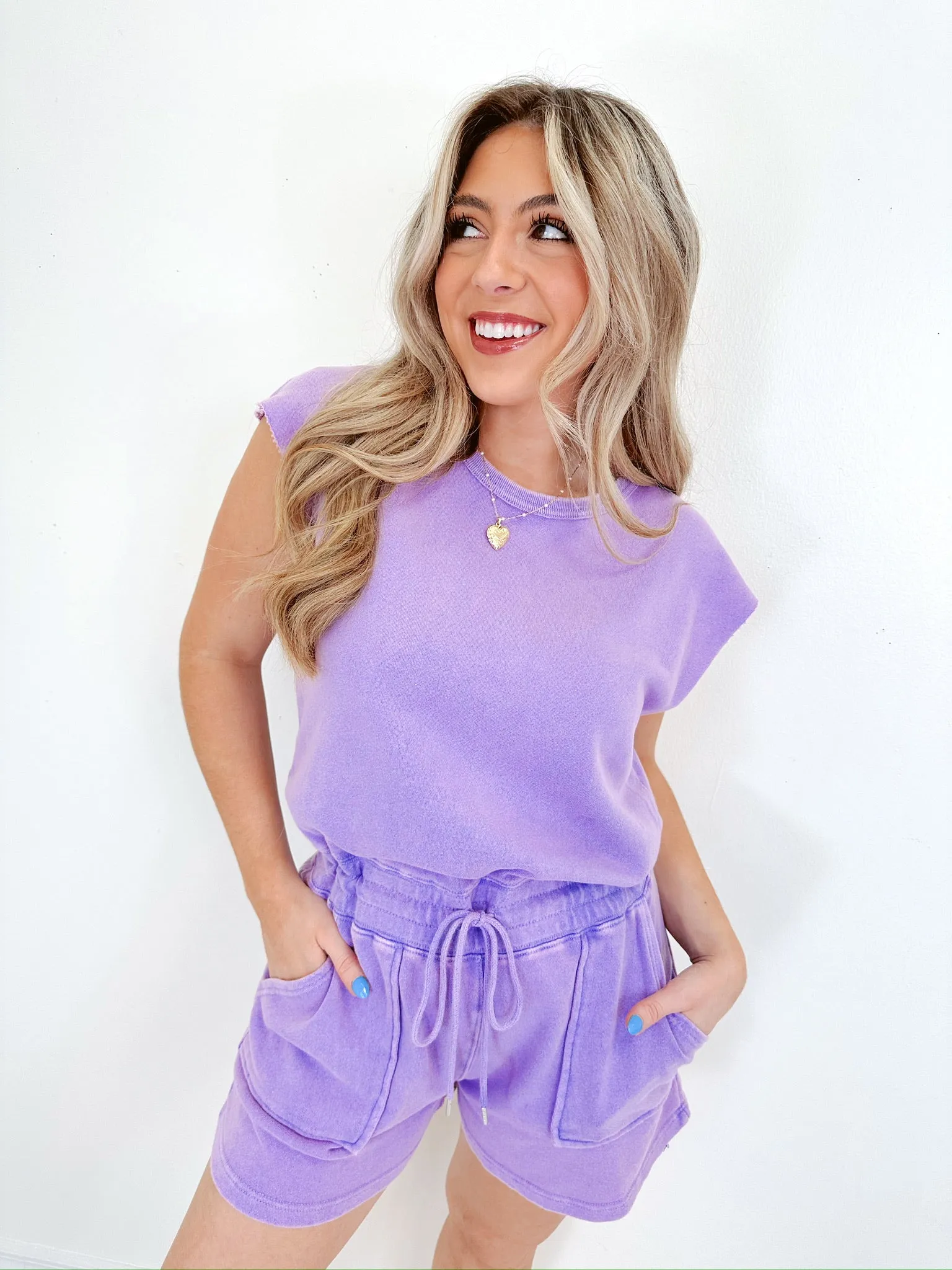 Kenna Cut-Off Sleeve Romper - Lavender