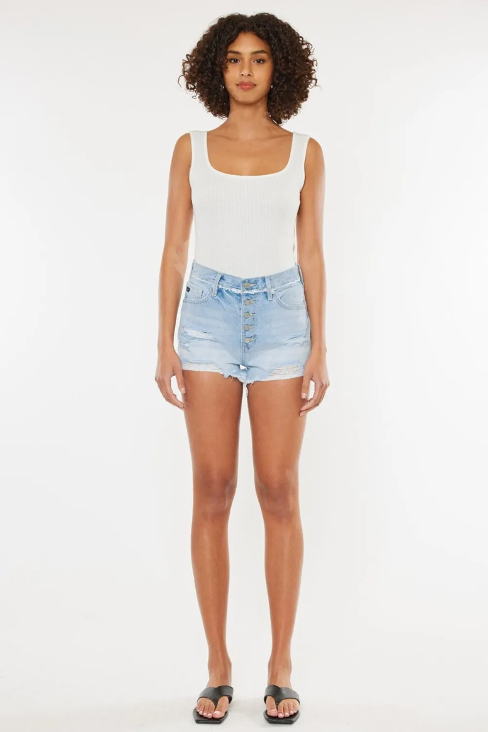 Keri-Ann Distressed Button Fly Denim Shorts | Kancan