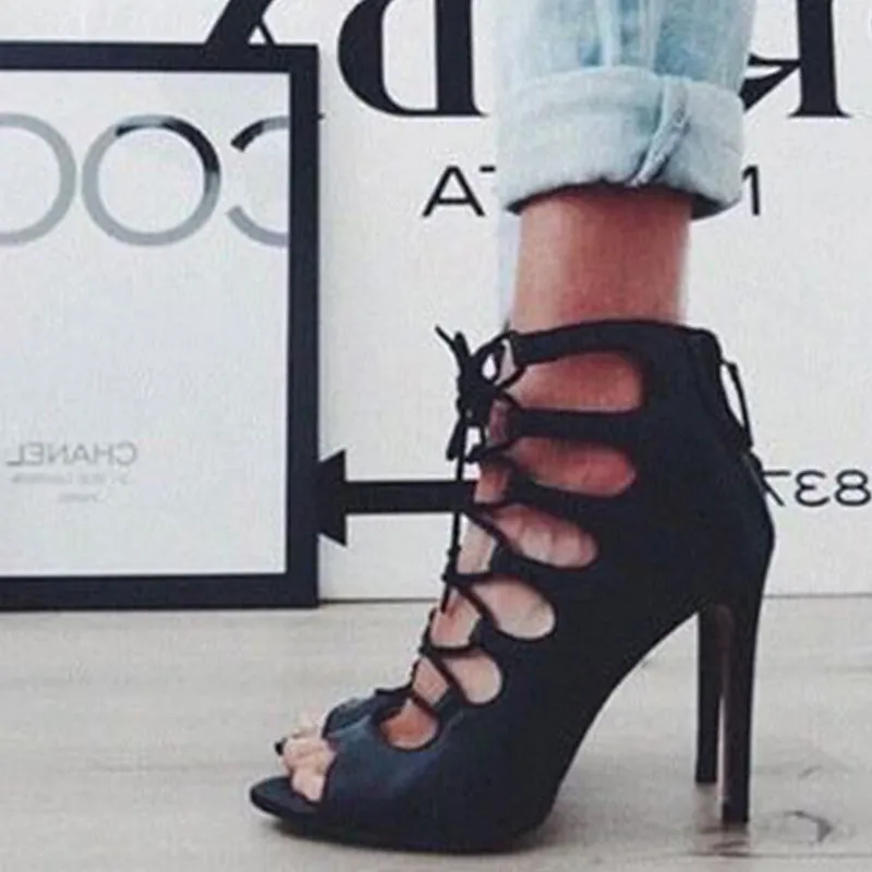 Lace Up Hollow Out Peep-toe Stiletto High Heel Sandals