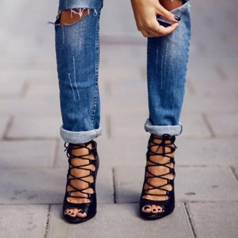 Lace Up Hollow Out Peep-toe Stiletto High Heel Sandals