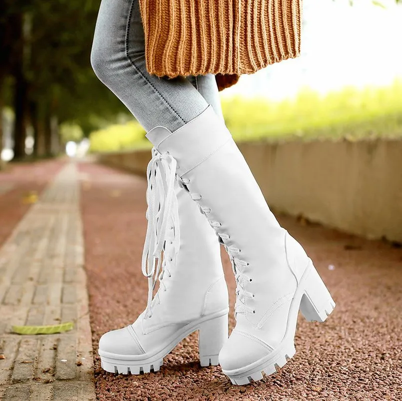 Lace Up Round Toe Platform Chunky Heels Long Boots