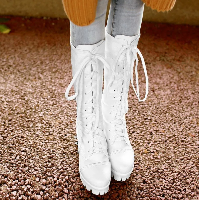Lace Up Round Toe Platform Chunky Heels Long Boots
