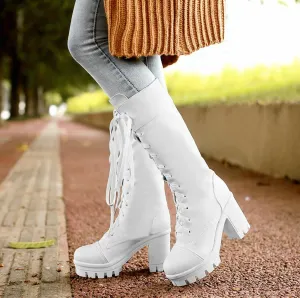 Lace Up Round Toe Platform Chunky Heels Long Boots