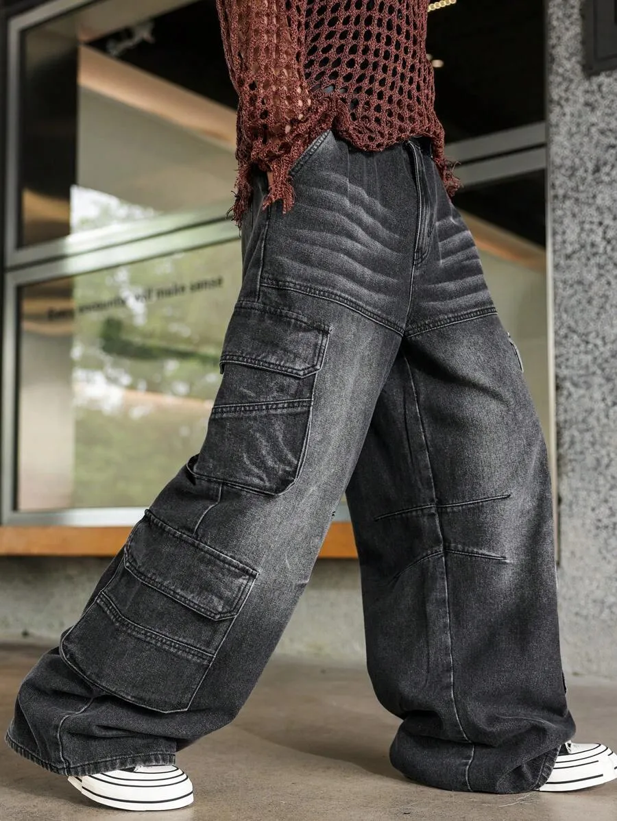 Men's Metal Grey Cargo Jeans – Oversized Streetwear