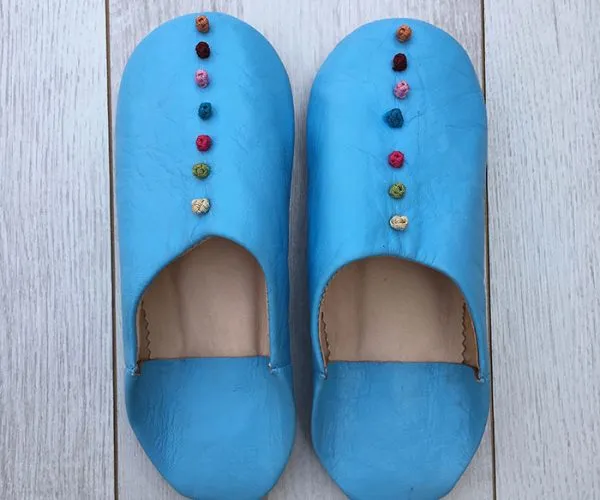 MOROCCAN POM POM BABOUCHE SLIPPERS – BABY BLUE