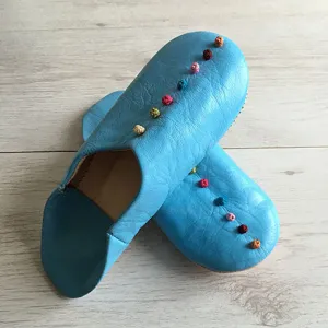 MOROCCAN POM POM BABOUCHE SLIPPERS – BABY BLUE