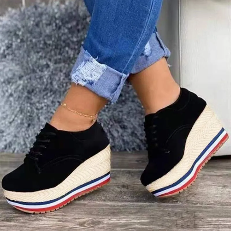 New Fashion Vulcanize Shoes Women Sneakers Ladies Solid Color Wedge Thick Shoes Round Toe Lace-Up Comfortable Platform Sneakers