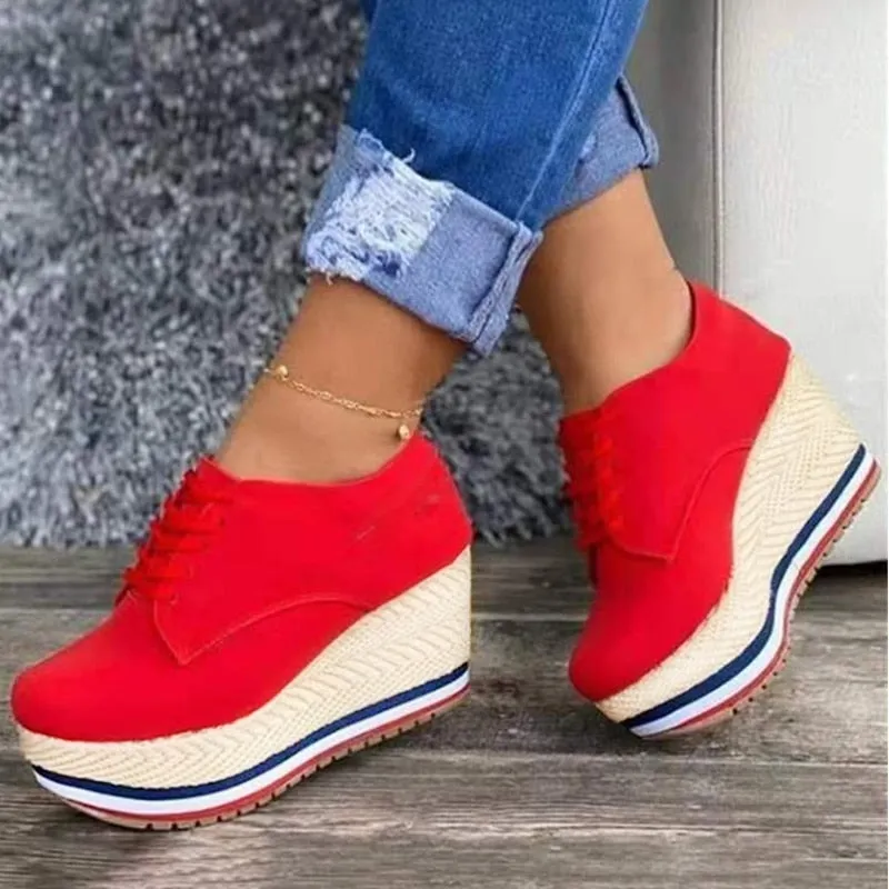 New Fashion Vulcanize Shoes Women Sneakers Ladies Solid Color Wedge Thick Shoes Round Toe Lace-Up Comfortable Platform Sneakers
