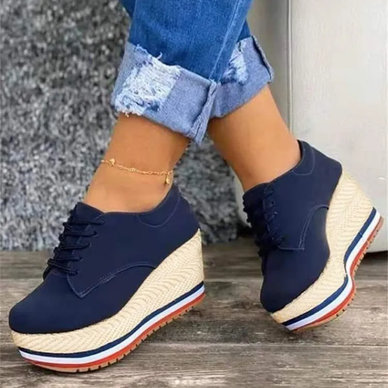 New Fashion Vulcanize Shoes Women Sneakers Ladies Solid Color Wedge Thick Shoes Round Toe Lace-Up Comfortable Platform Sneakers