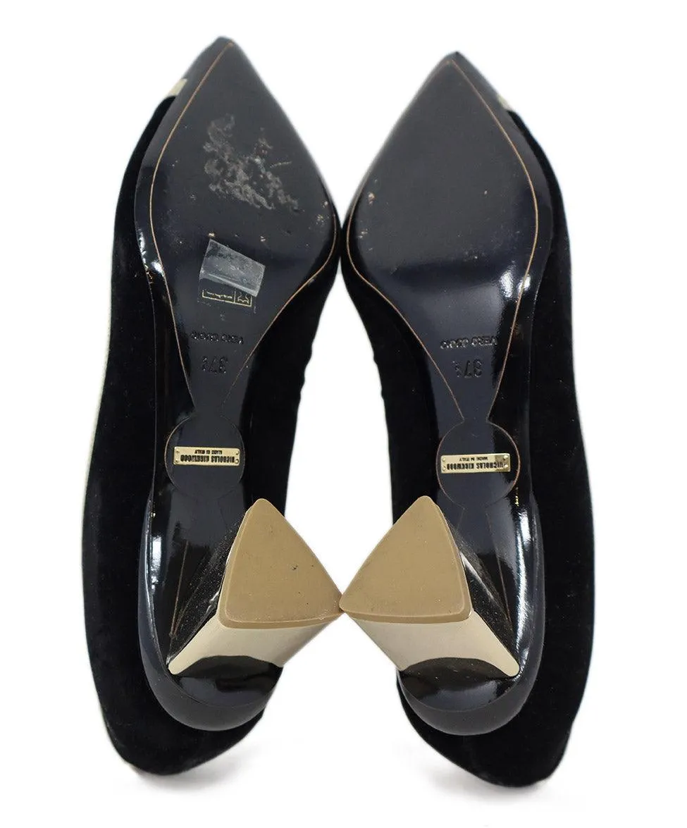 Nicholas Kirkwood Black Velvet & Gold Trim Heels sz 7.5