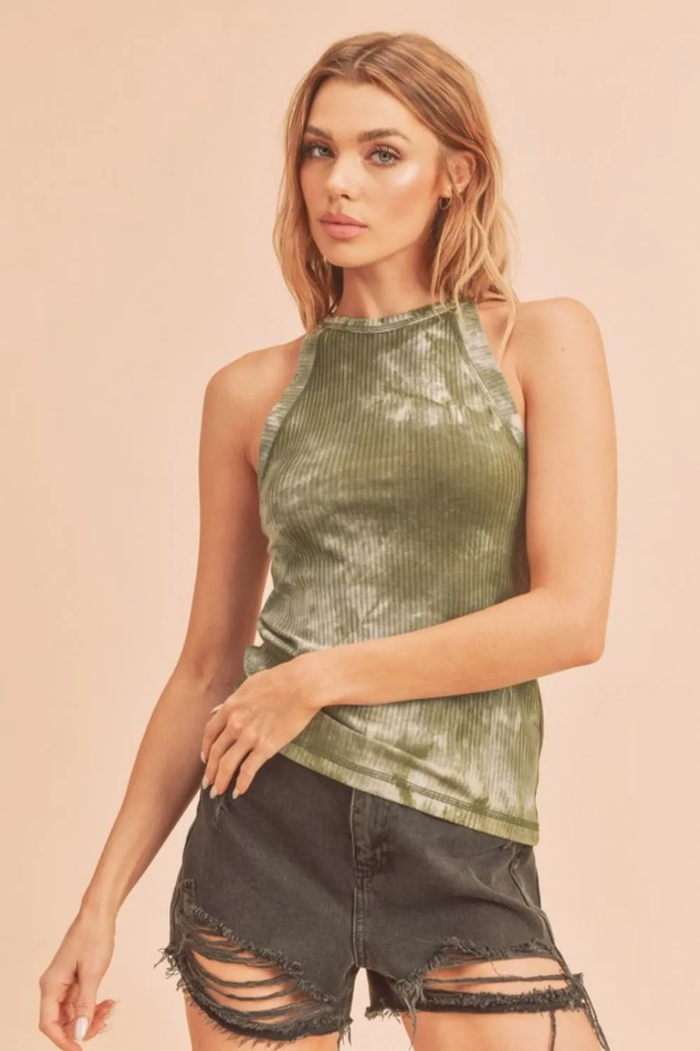 Olive Tie-Dye Ribbed High Neck Tank