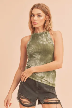 Olive Tie-Dye Ribbed High Neck Tank