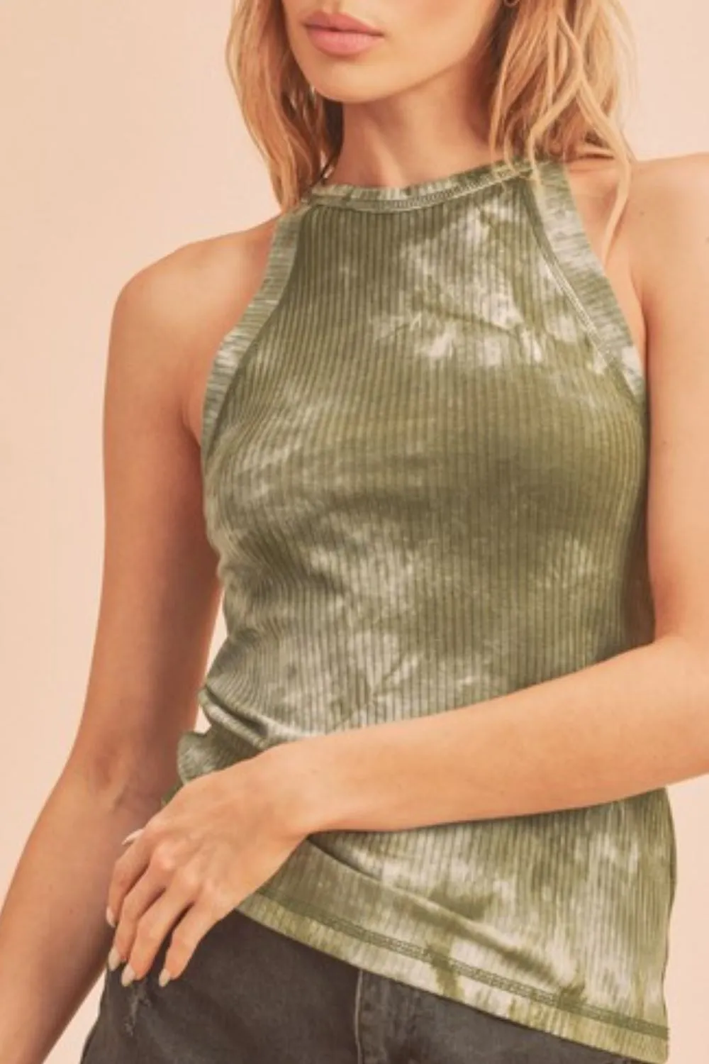Olive Tie-Dye Ribbed High Neck Tank