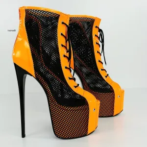 Orange Neon Black Spider Net Lace Up Boots