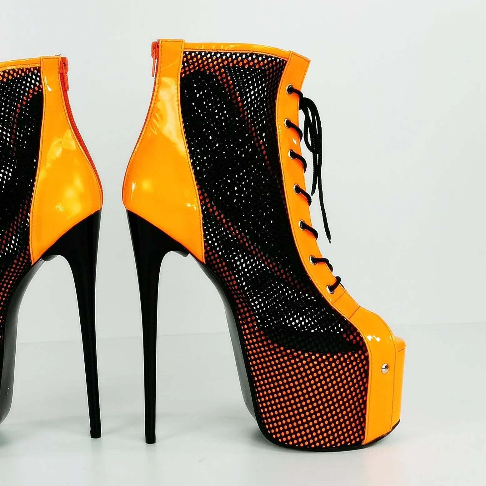 Orange Neon Black Spider Net Lace Up Boots