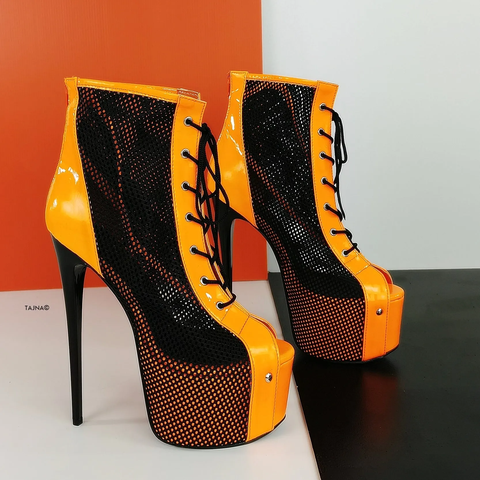 Orange Neon Black Spider Net Lace Up Boots