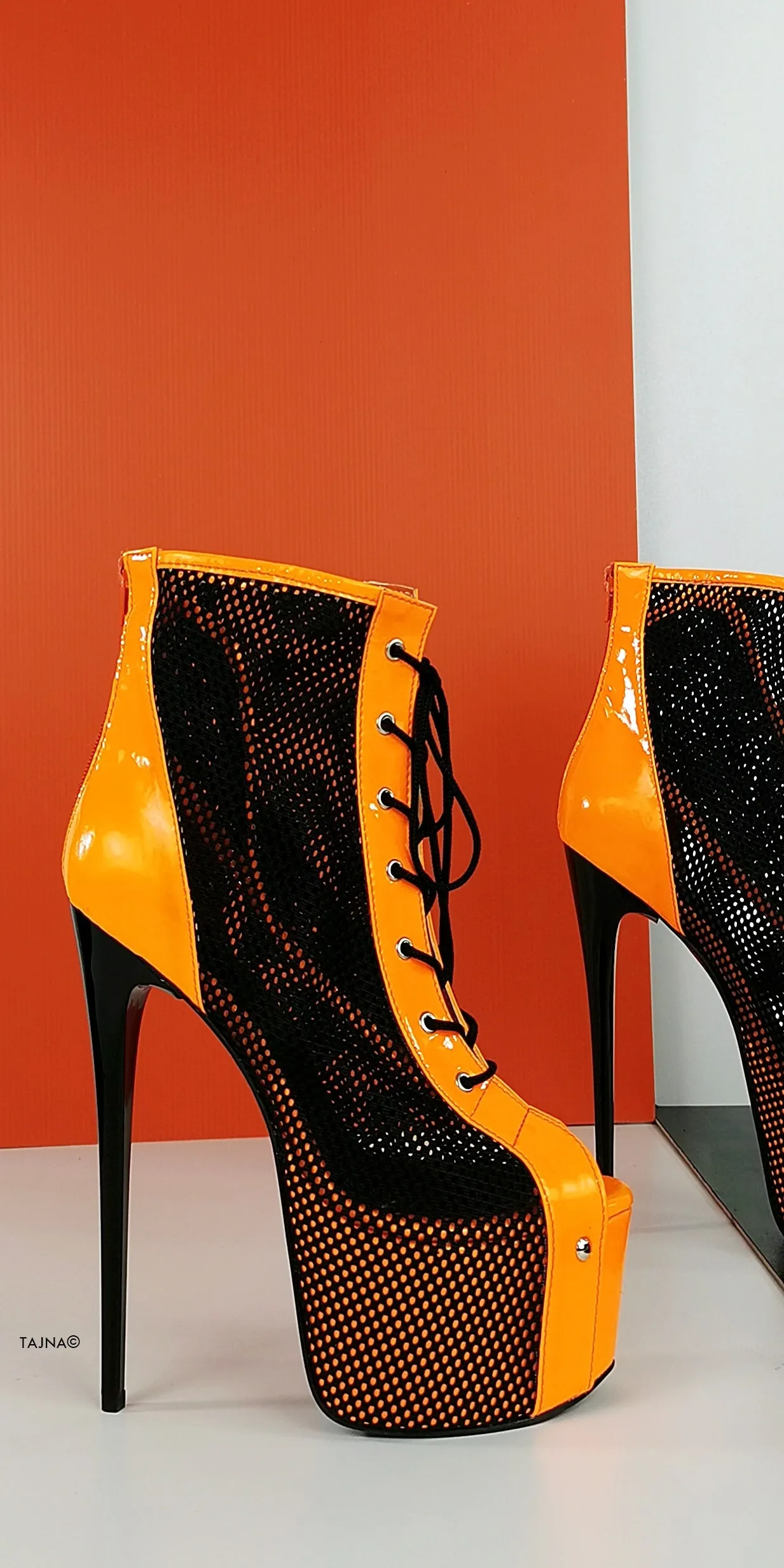 Orange Neon Black Spider Net Lace Up Boots