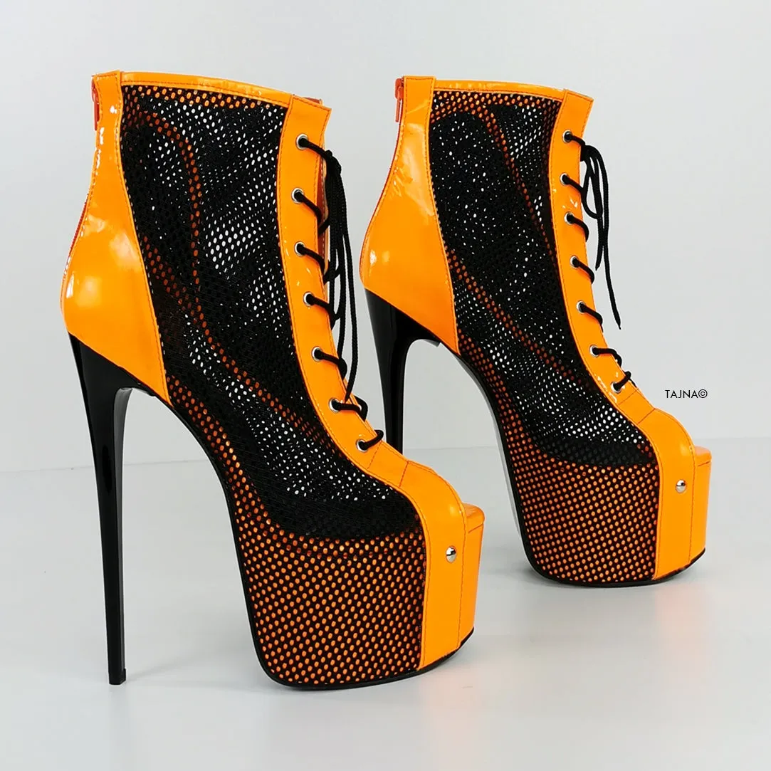 Orange Neon Black Spider Net Lace Up Boots