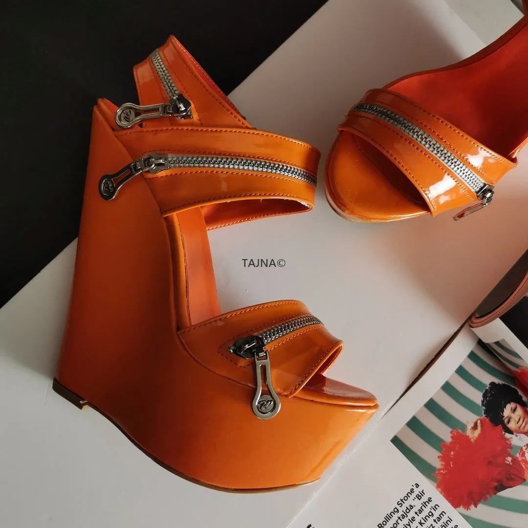 Orange Patent Zipper Detail Wedges