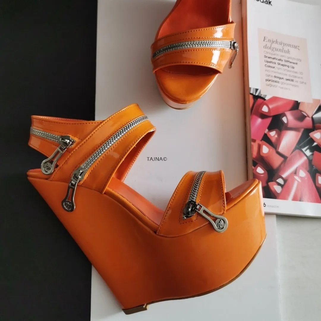 Orange Patent Zipper Detail Wedges
