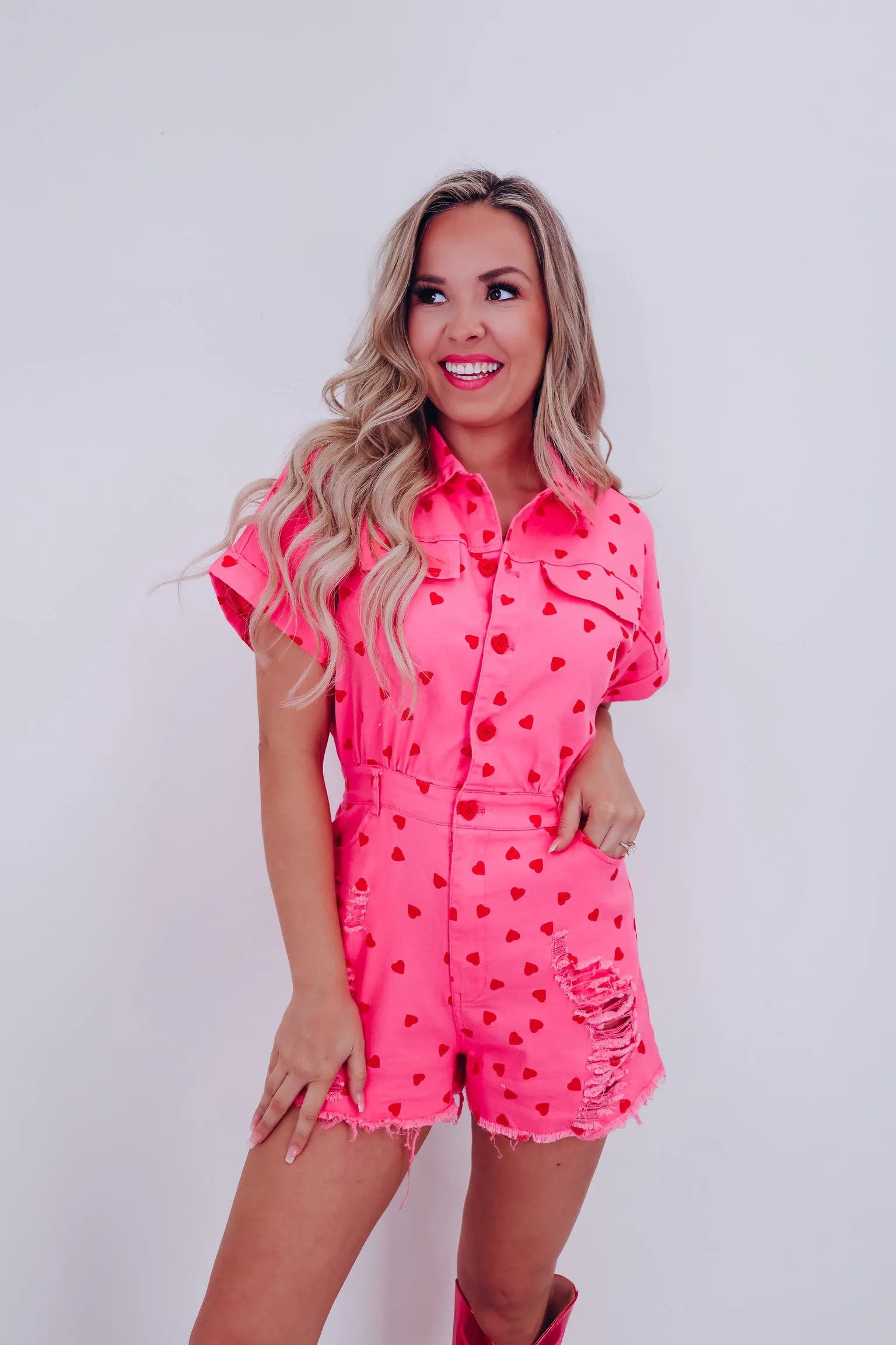 Passionate Heart Print Denim Romper