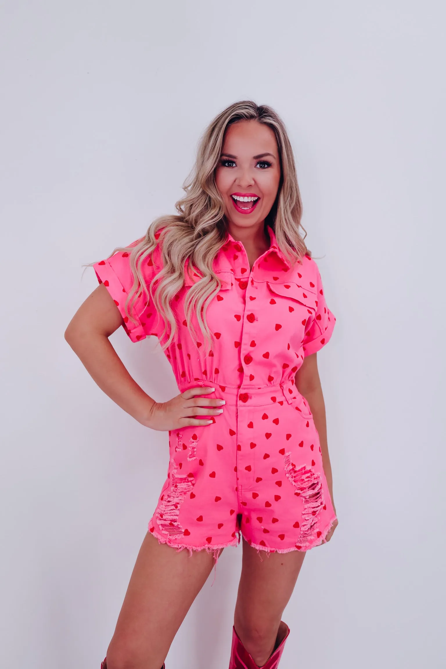 Passionate Heart Print Denim Romper