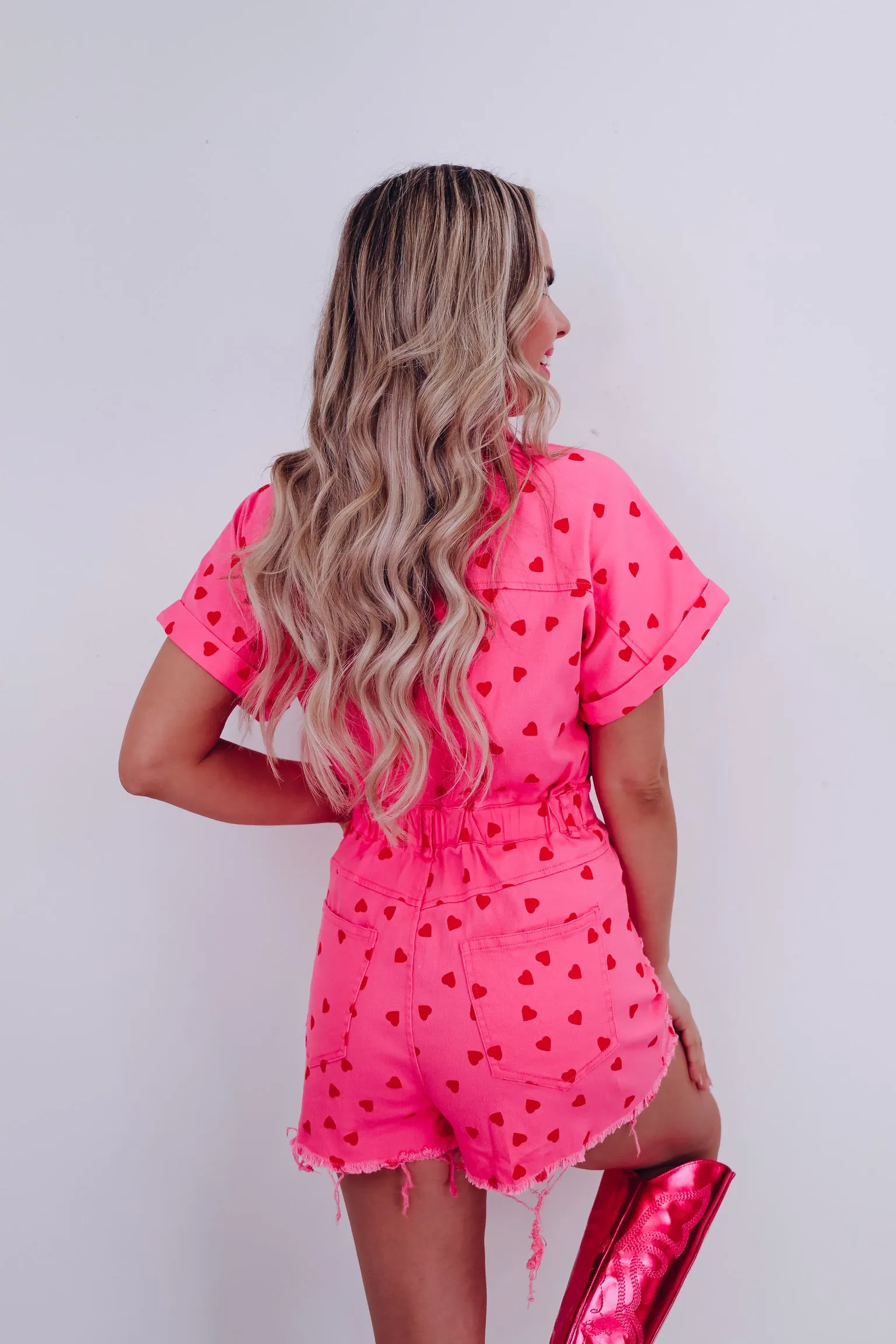 Passionate Heart Print Denim Romper