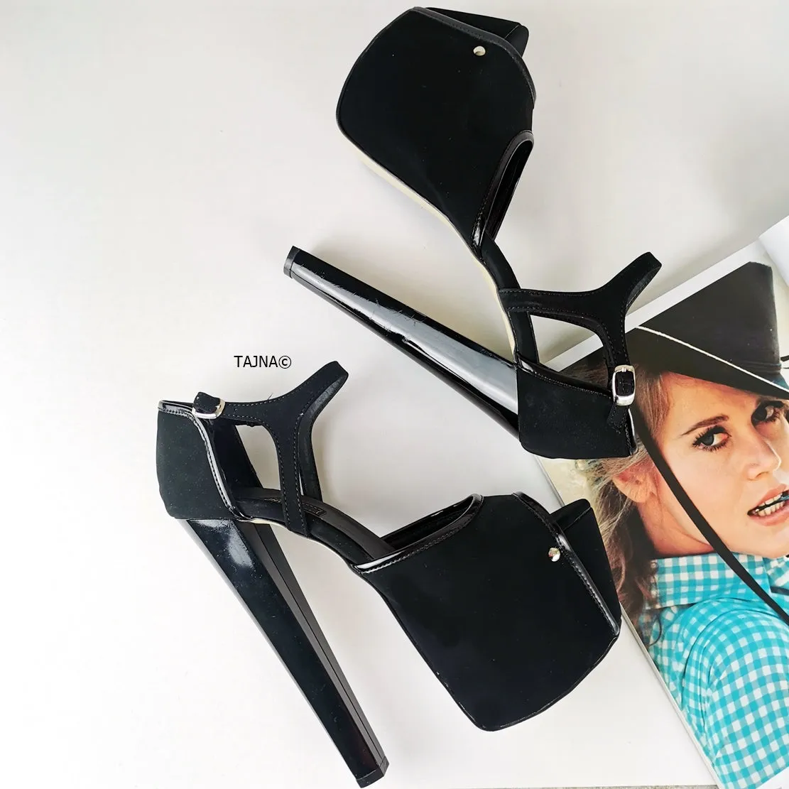 Peep Toe Black Suede Chunky Heels
