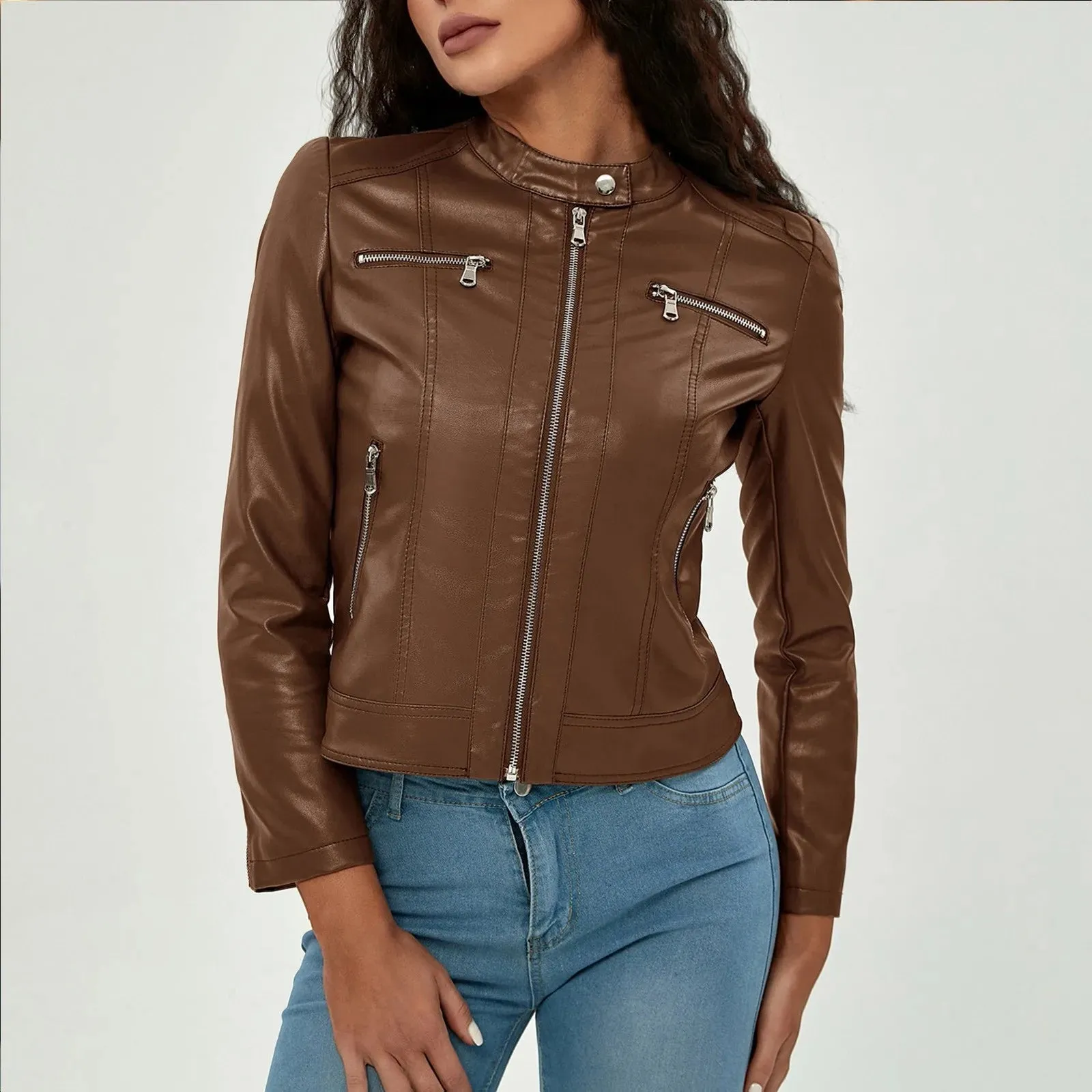 PU Leather Motorcycle Jacket 2024 Women's Fashion Trend Analog Collar Zip Up Jacket For Women Hot Pink Black Brown Autumn Coat