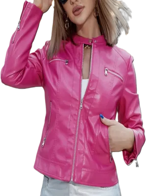 PU Leather Motorcycle Jacket 2024 Women's Fashion Trend Analog Collar Zip Up Jacket For Women Hot Pink Black Brown Autumn Coat