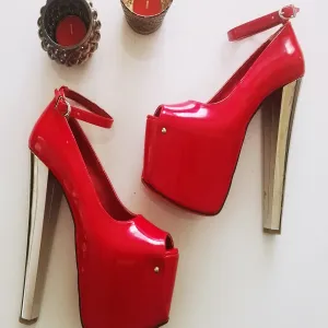 Red Patent Peep Toe High Heel Platform Ankle Shoes