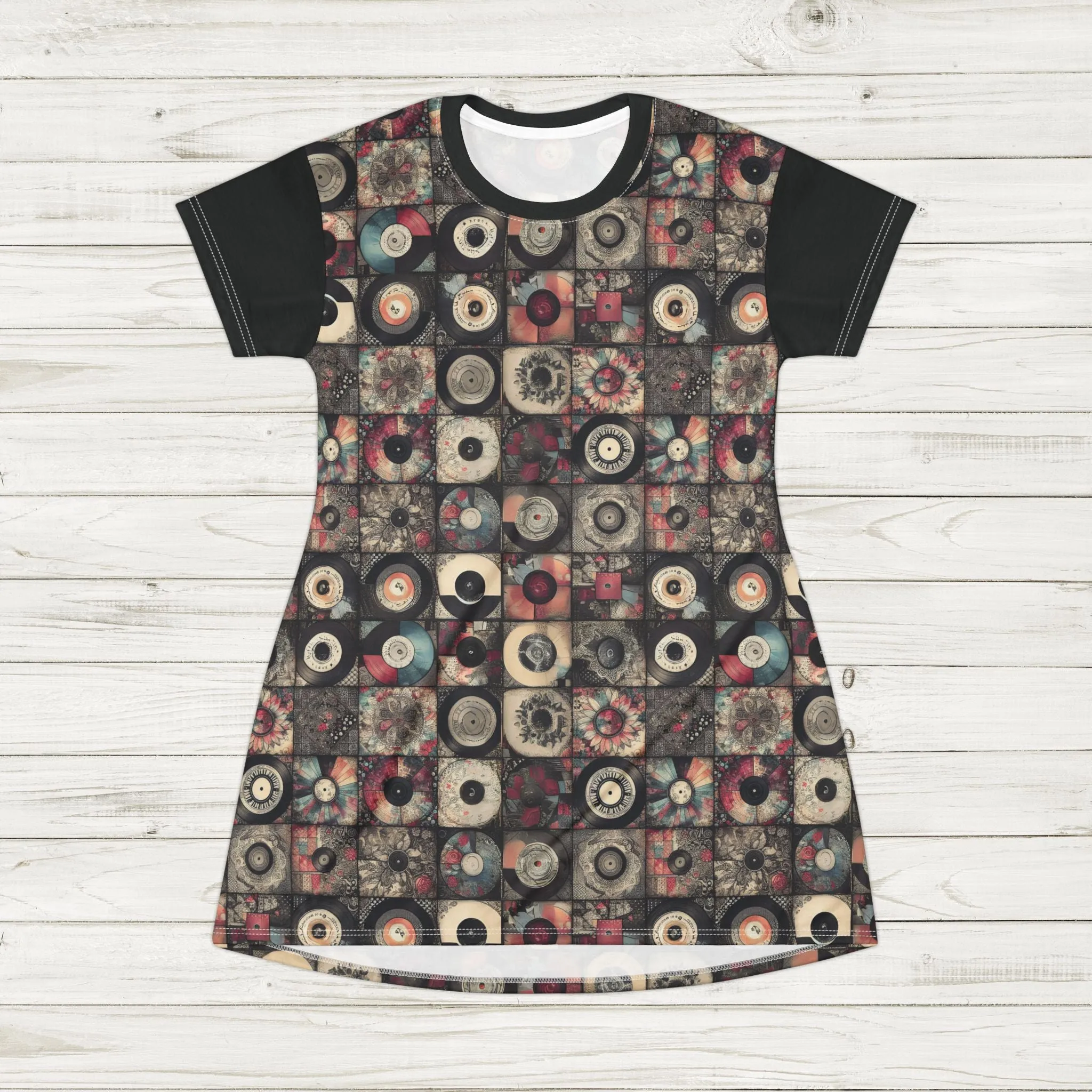 Retro Vinyl Patchwork T-Shirt Dress – Rose & Black Geometric Record Print
