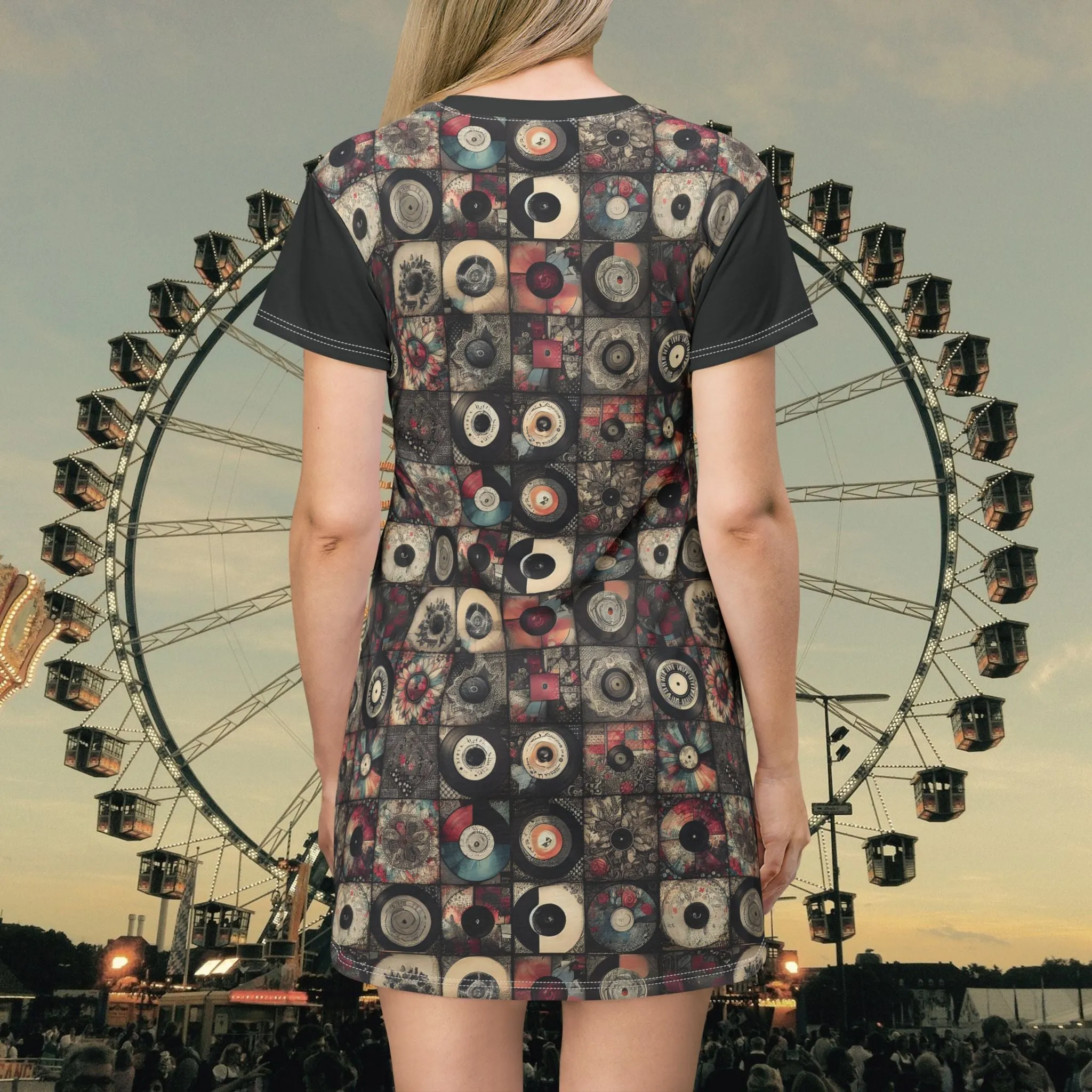 Retro Vinyl Patchwork T-Shirt Dress – Rose & Black Geometric Record Print