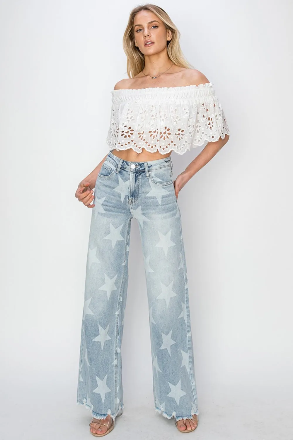 Risen Raw Hem Star Wide Leg Jeans