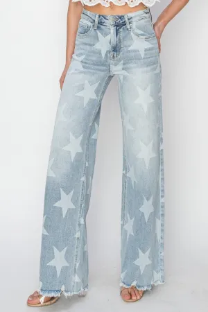Risen Raw Hem Star Wide Leg Jeans