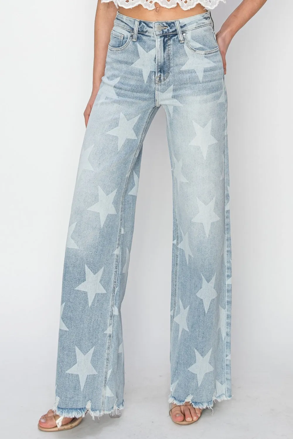 Risen Raw Hem Star Wide Leg Jeans