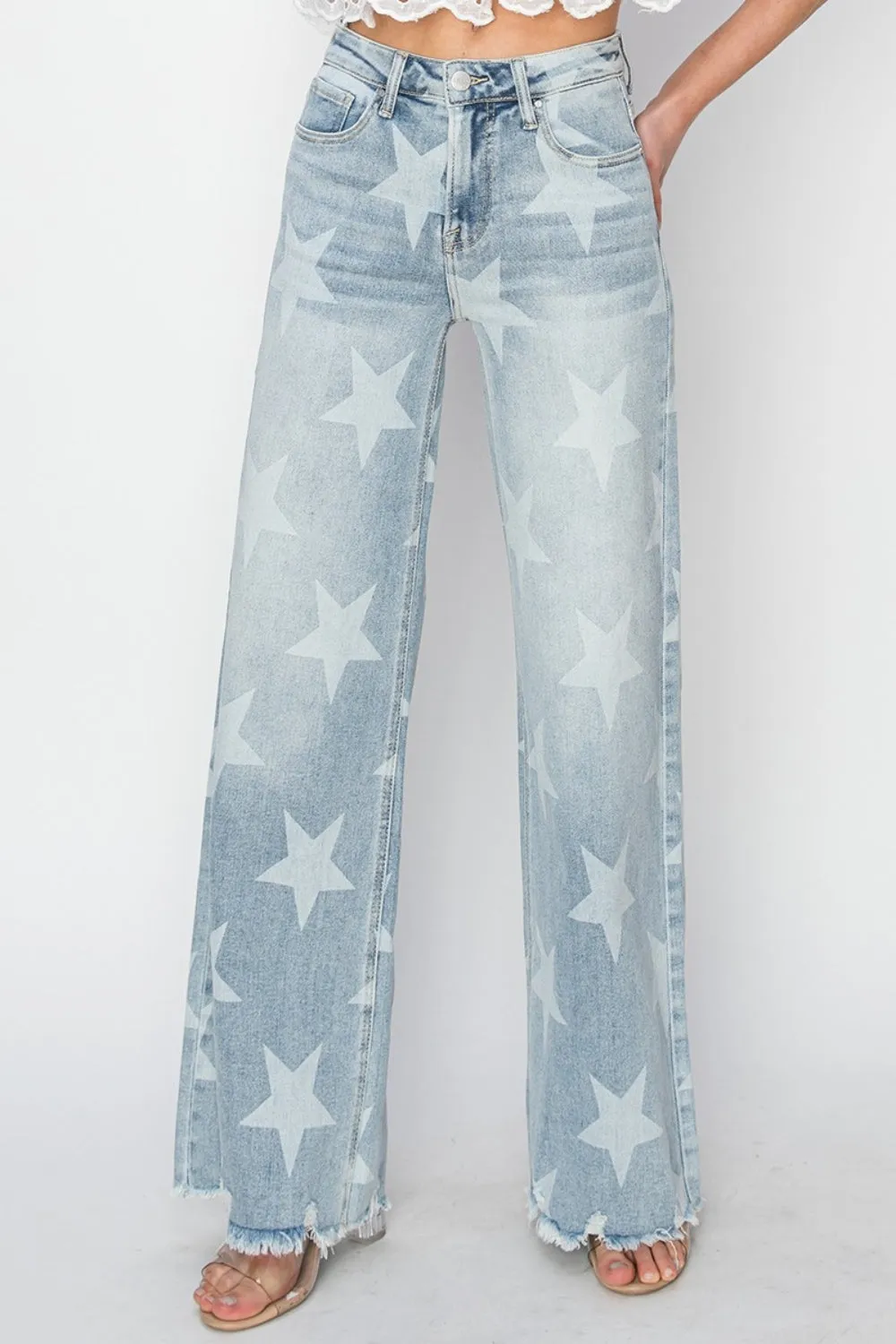 Risen Raw Hem Star Wide Leg Jeans