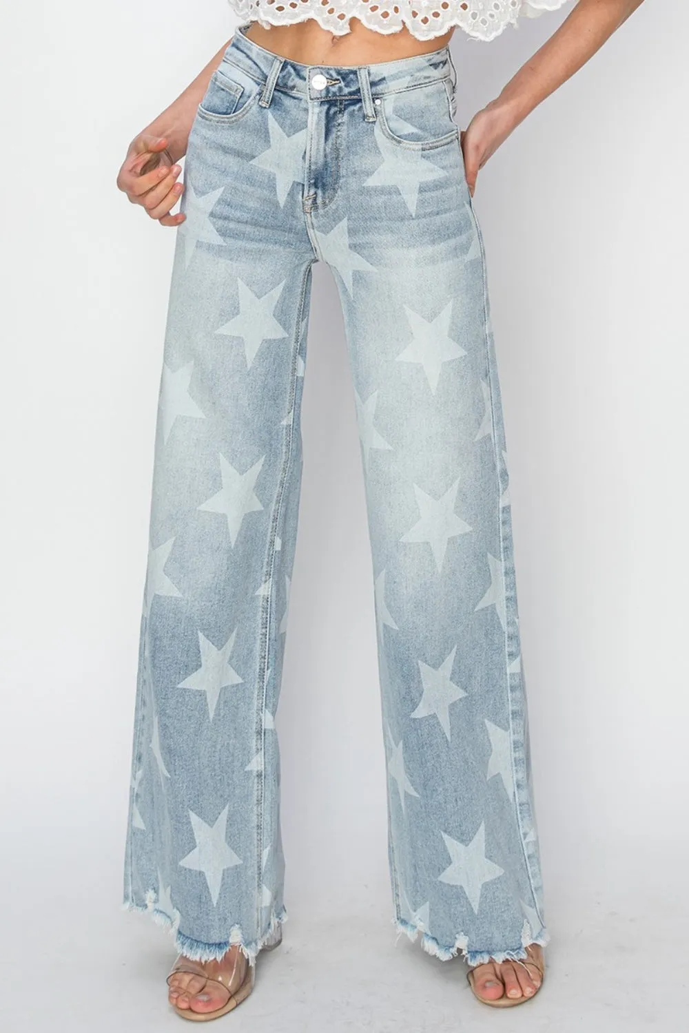 Risen Raw Hem Star Wide Leg Jeans