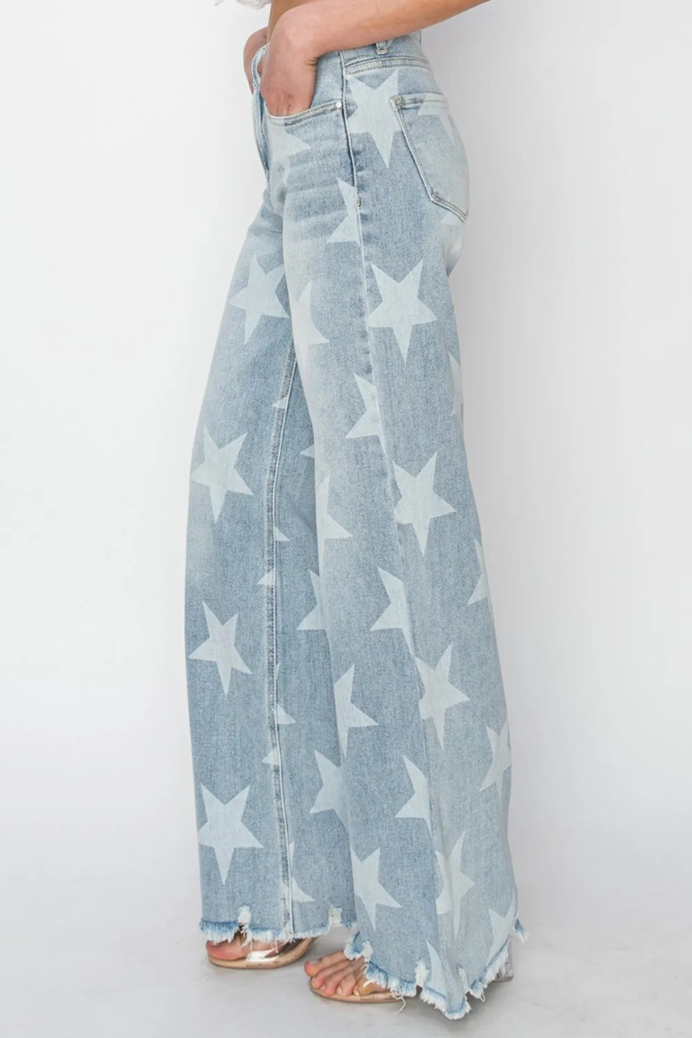 Risen Raw Hem Star Wide Leg Jeans