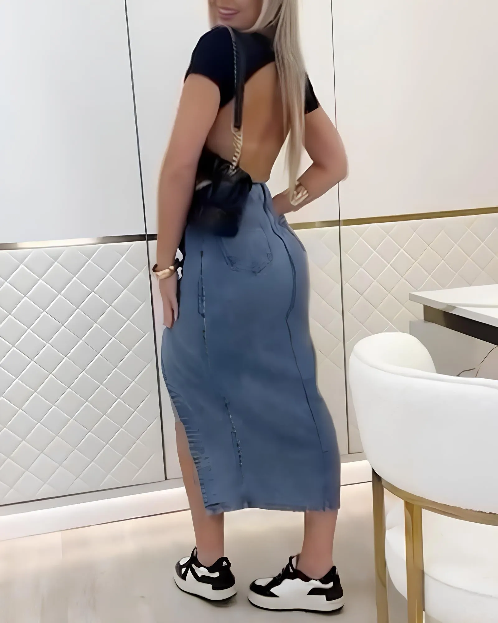 Single Breasted Sexy Side Slit Washed Distressed Denim Skirt