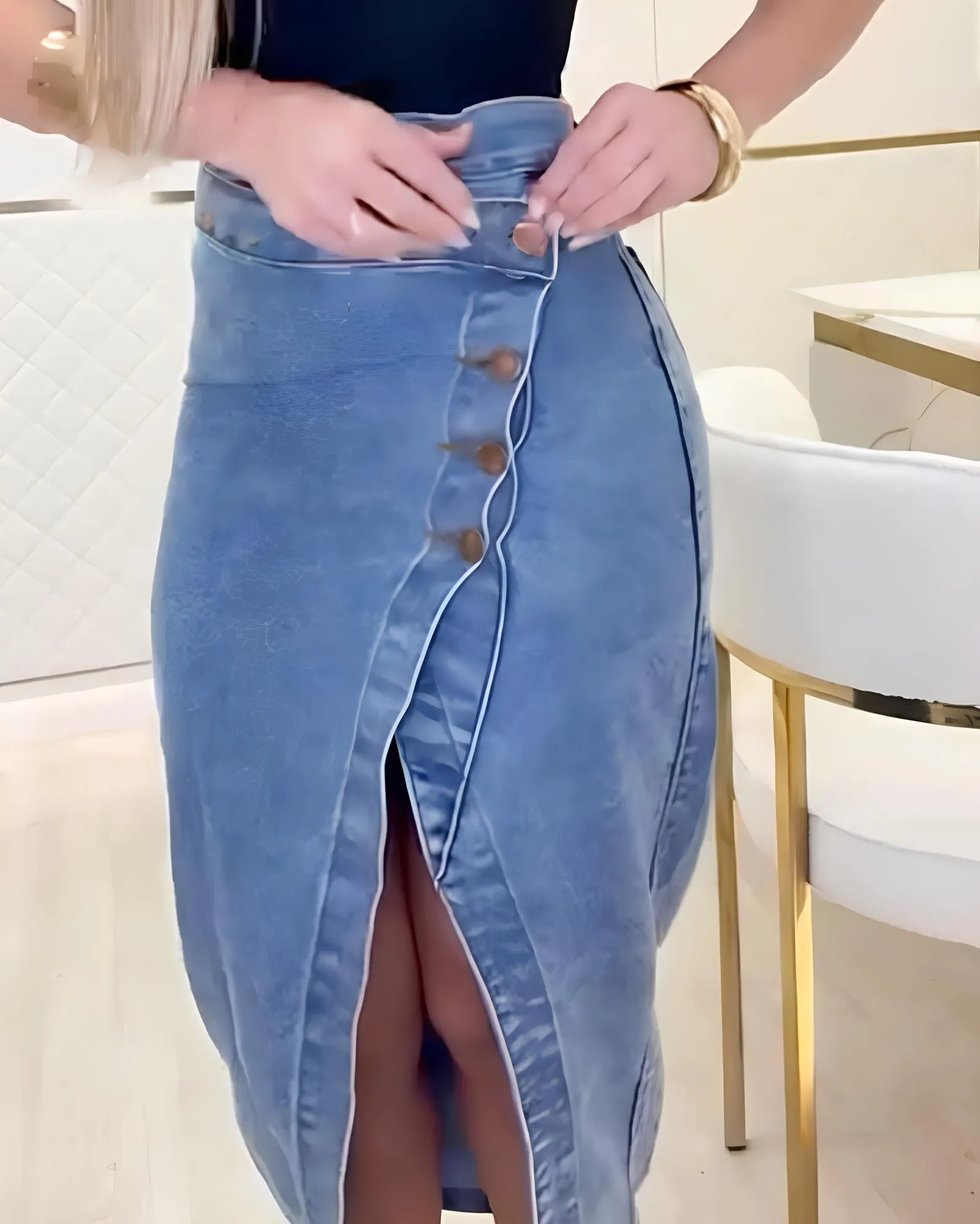 Single Breasted Sexy Side Slit Washed Distressed Denim Skirt