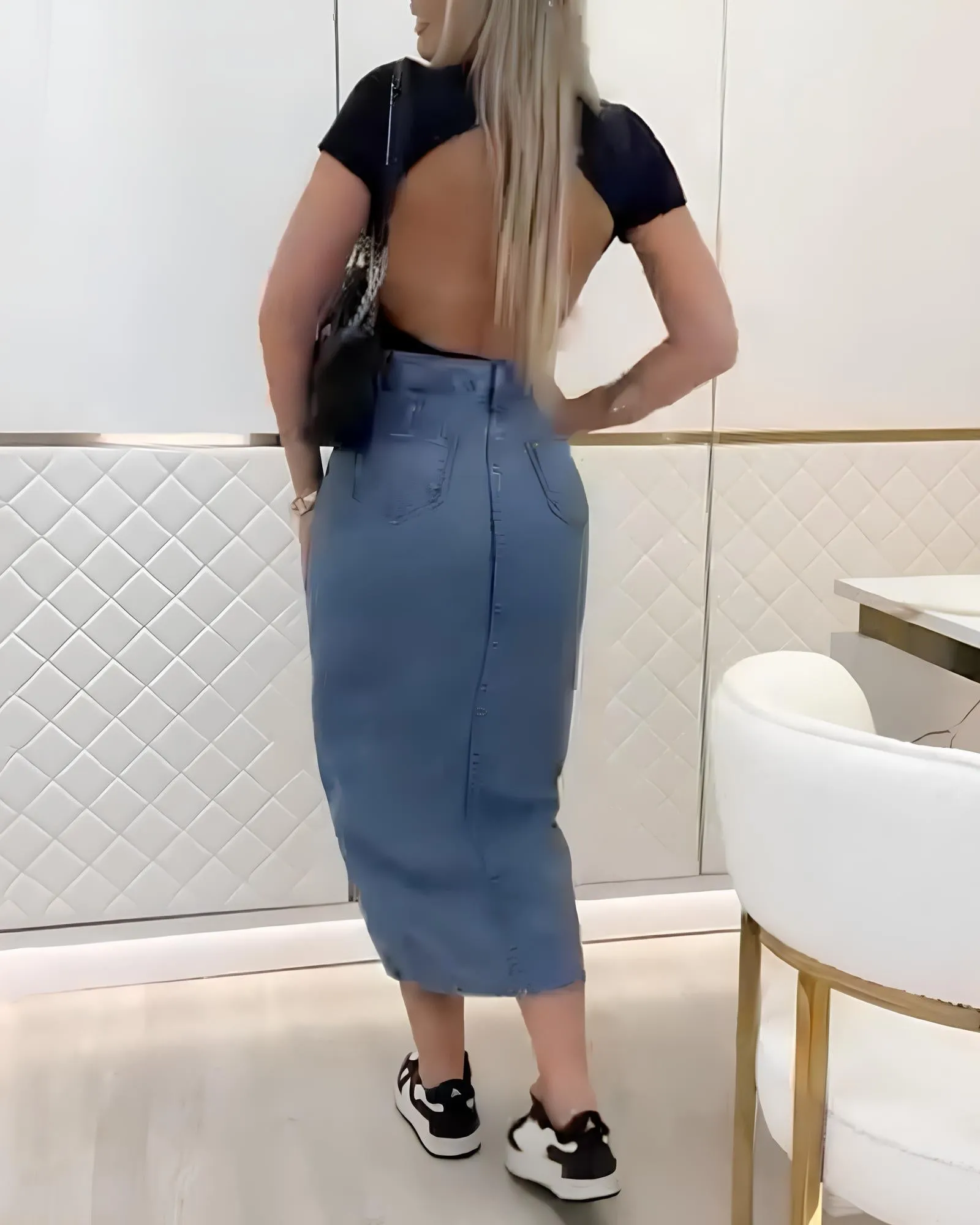 Single Breasted Sexy Side Slit Washed Distressed Denim Skirt