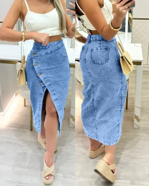 Single Breasted Sexy Side Slit Washed Distressed Denim Skirt