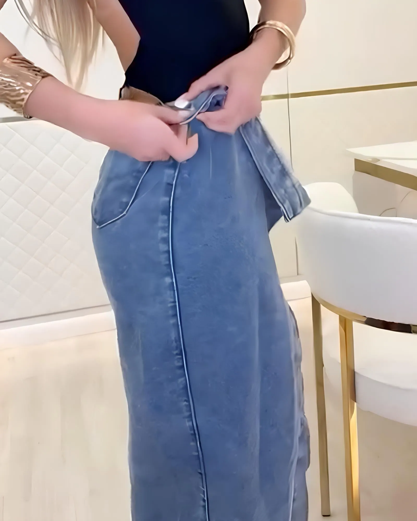 Single Breasted Sexy Side Slit Washed Distressed Denim Skirt
