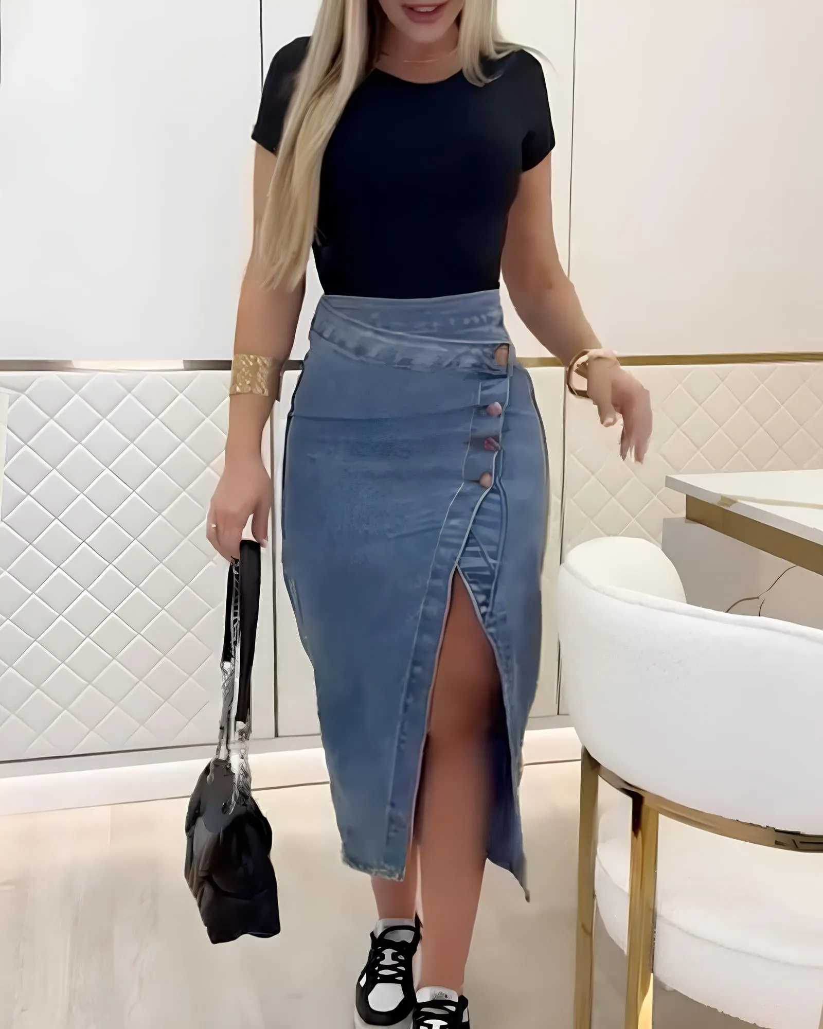 Single Breasted Sexy Side Slit Washed Distressed Denim Skirt
