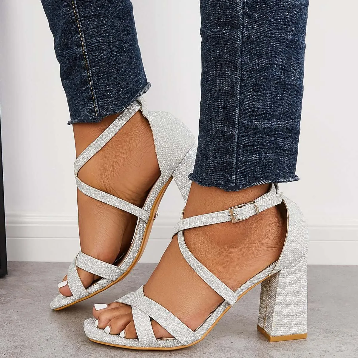 Sohiwoo Women Criss Cross Sandals Strappy Chunky Block Heels Ankle Strap Sandals
