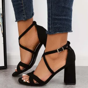 Sohiwoo Women Criss Cross Sandals Strappy Chunky Block Heels Ankle Strap Sandals
