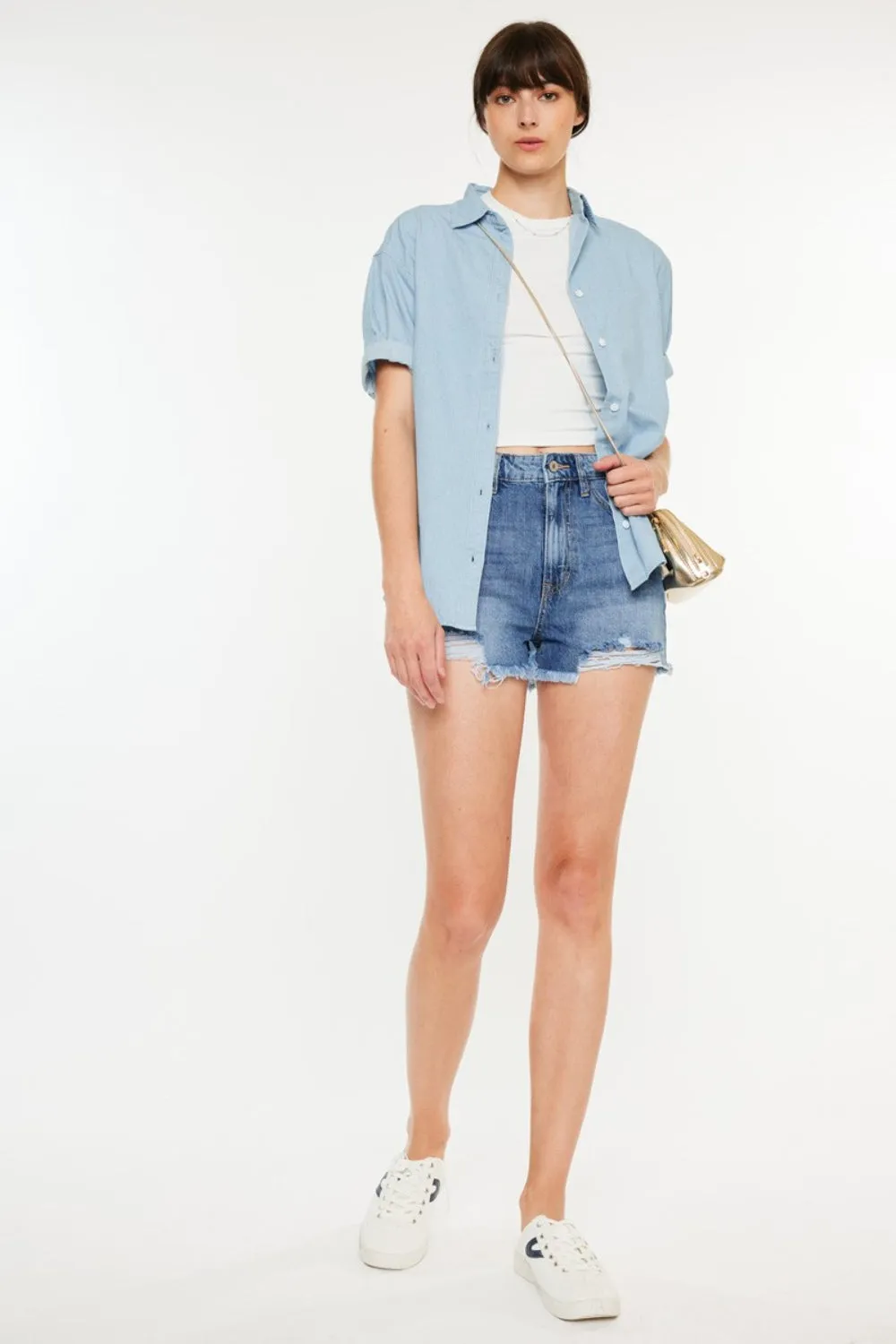Sophie Distressed Raw Hem High-Waist Denim Shorts | Kancan