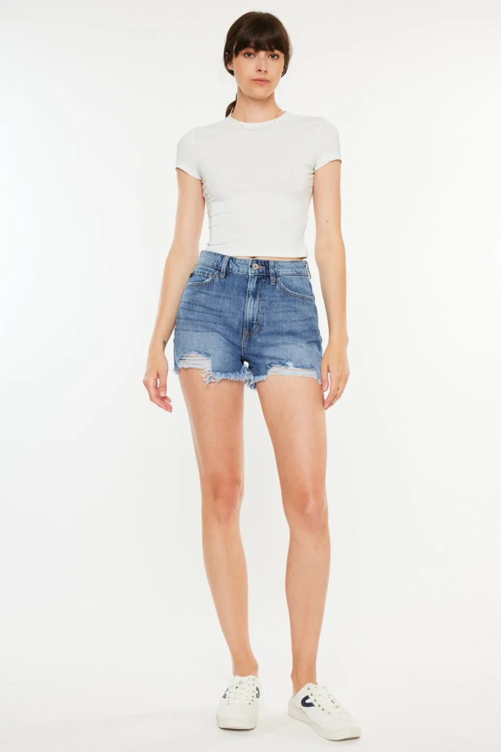 Sophie Distressed Raw Hem High-Waist Denim Shorts | Kancan